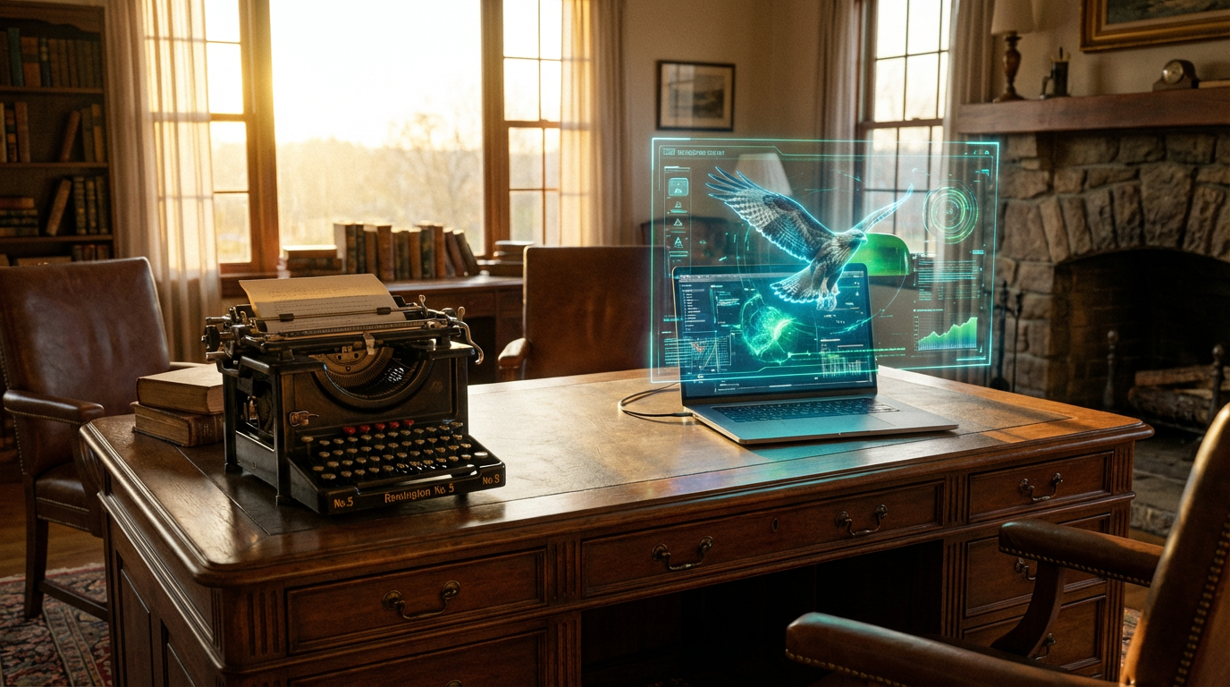 Vintage desk with futuristic hologram